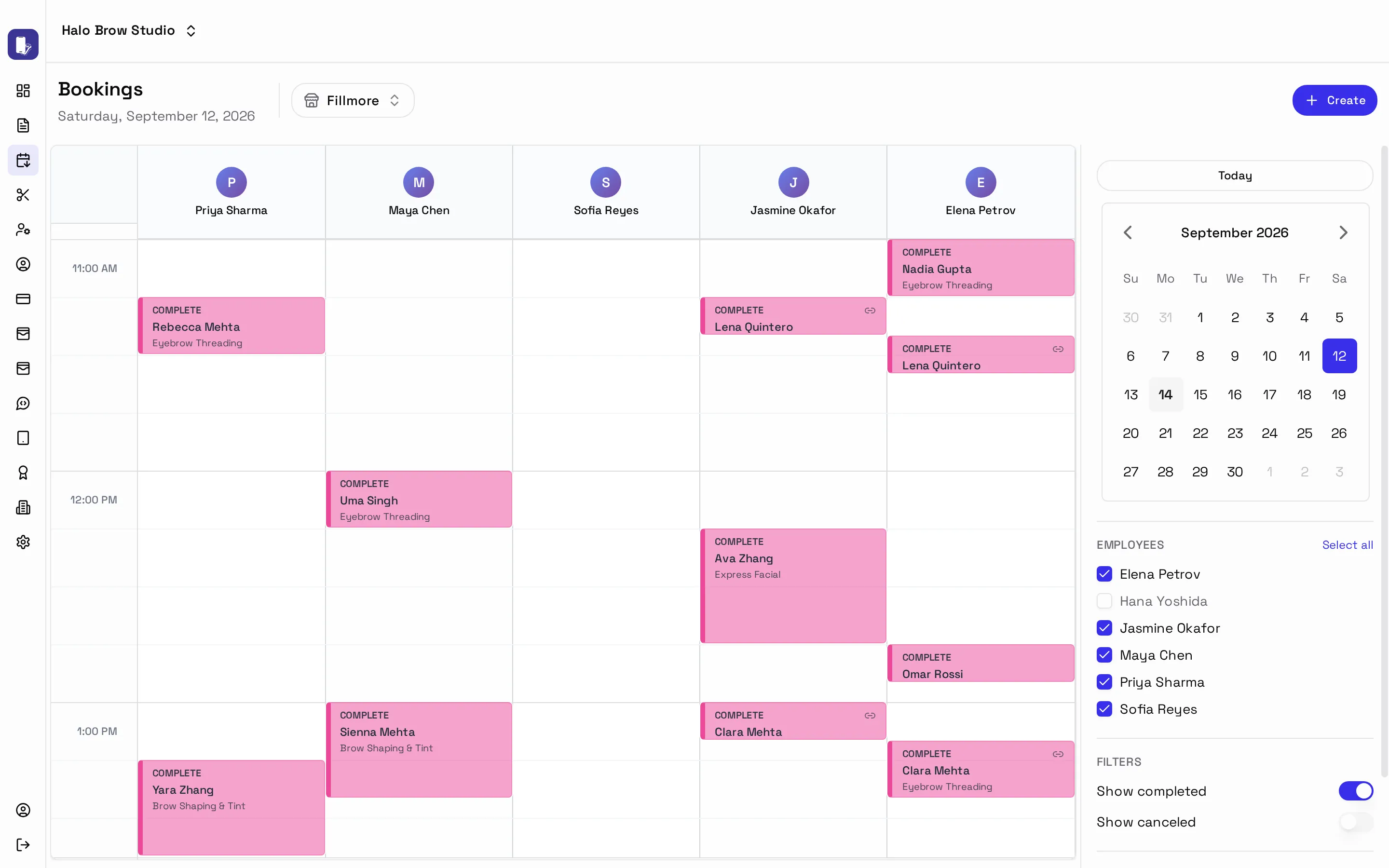 The Bookings calendar with a column per employee