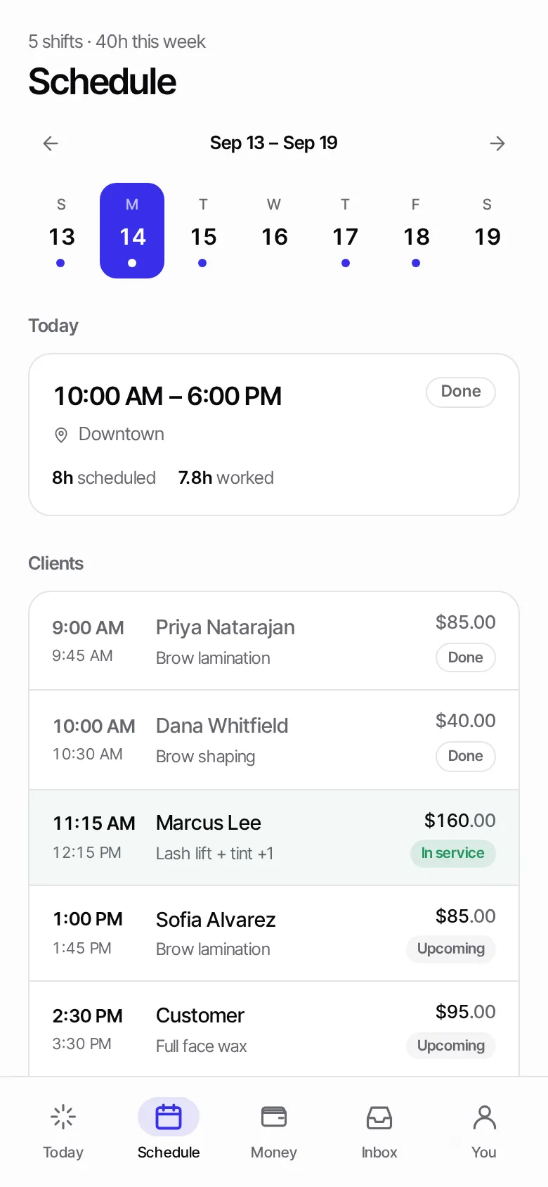The employee Schedule tab