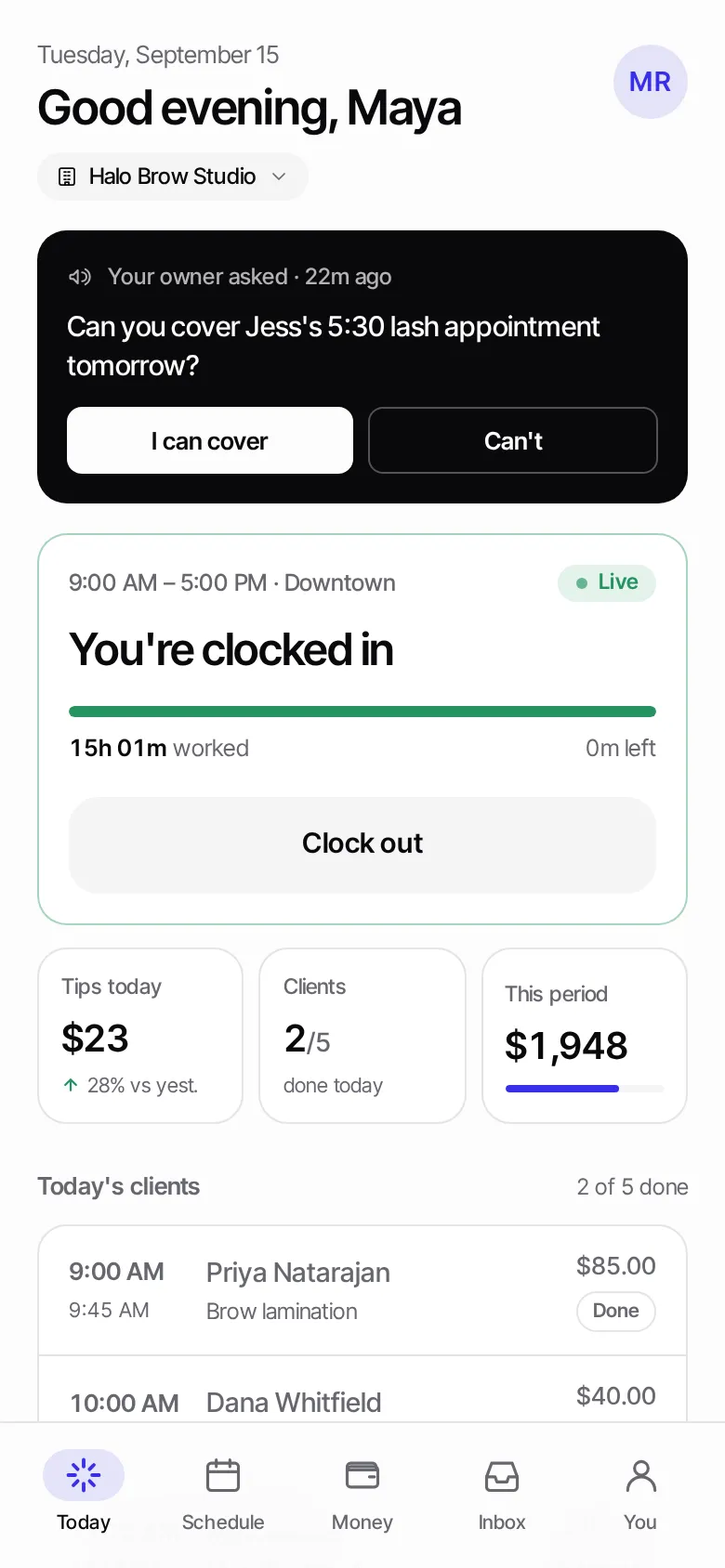 The employee app's Today screen
